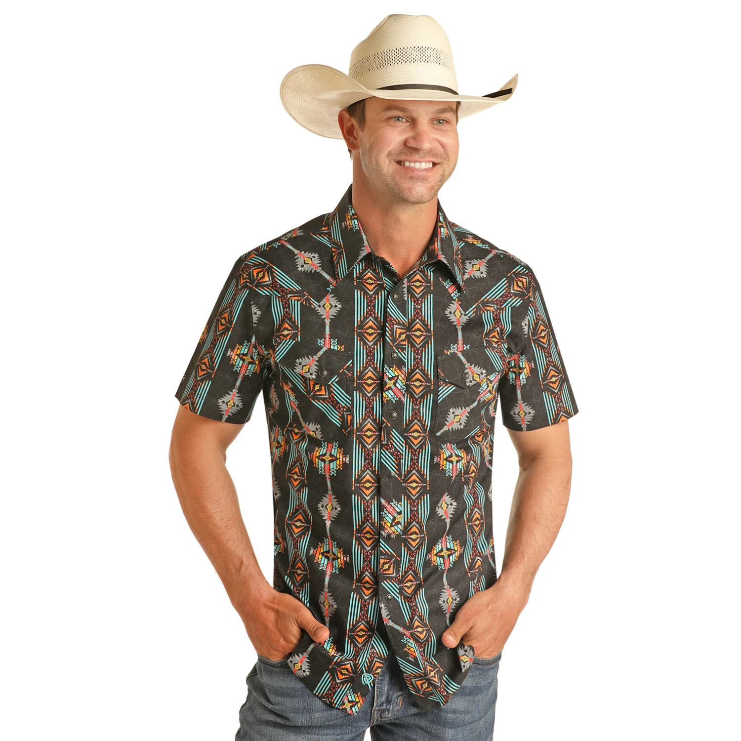 Rock & Roll Cowboy Men's Caribbean Aztec Short Sleeve Snap Shirt RRMS1SRZ7T-83 1 Rock & Roll Cowboy Men's Caribbean Aztec Short Sleeve Snap Shirt RRMS1SRZ7T-83
