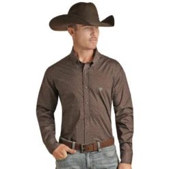 Rock N Roll Cowboy Brown And Turquoise Geo Print Button-Down Shirt