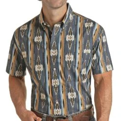 Rock N Roll Cowboy Blue Aztec Vintage Button Down