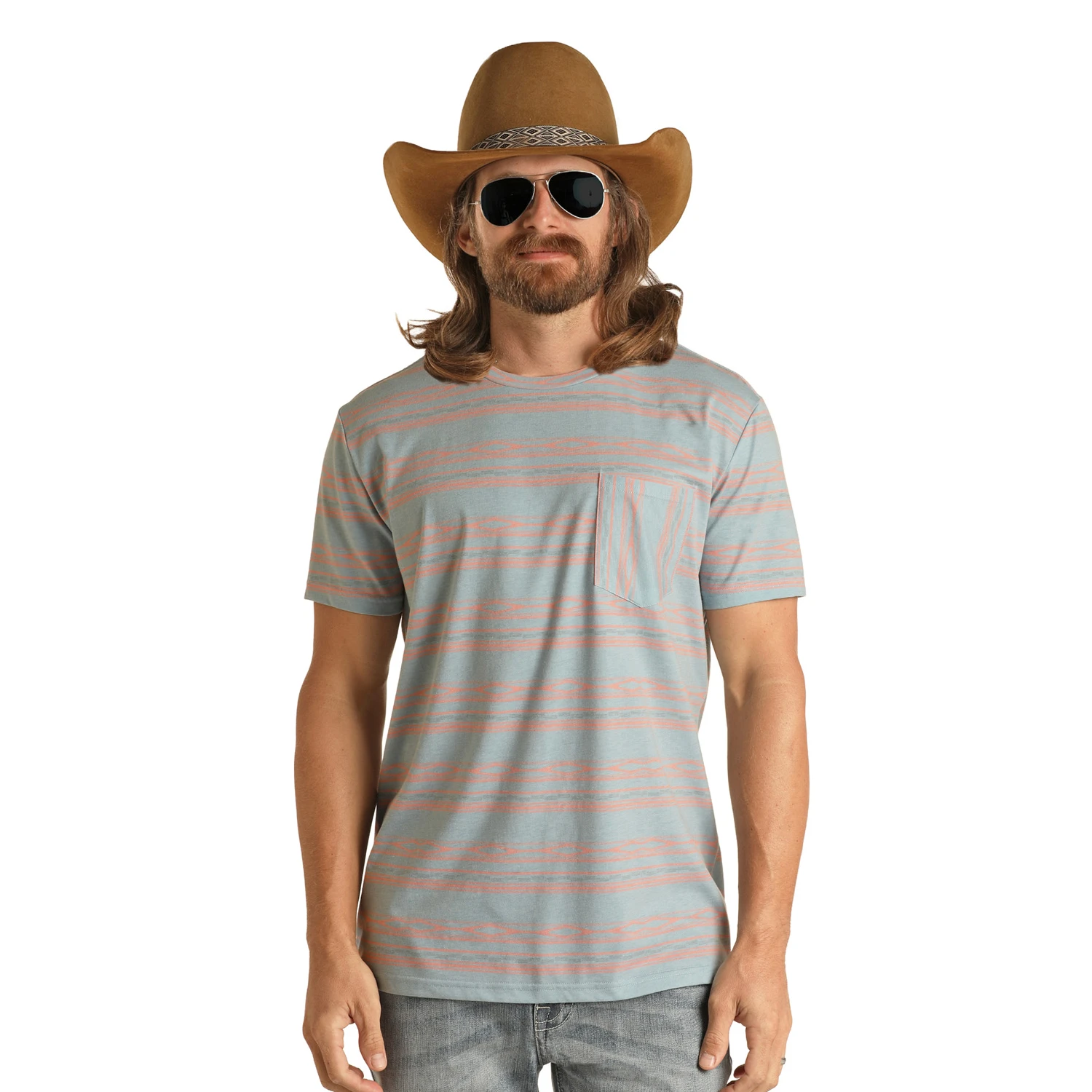 Rock & Roll Cowboy Unisex Powder Blue Striped T-Shirt RRMT21RZMQ-46 2 Rock & Roll Cowboy Unisex Powder Blue Striped T-Shirt RRMT21RZMQ-46 - Image 2