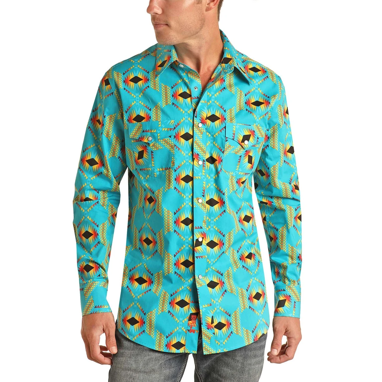 Rock & Roll Cowboy Men's Aztec Print Turquoise Snap Shirt B2S3337 1 Rock & Roll Cowboy Men's Aztec Print Turquoise Snap Shirt B2S3337